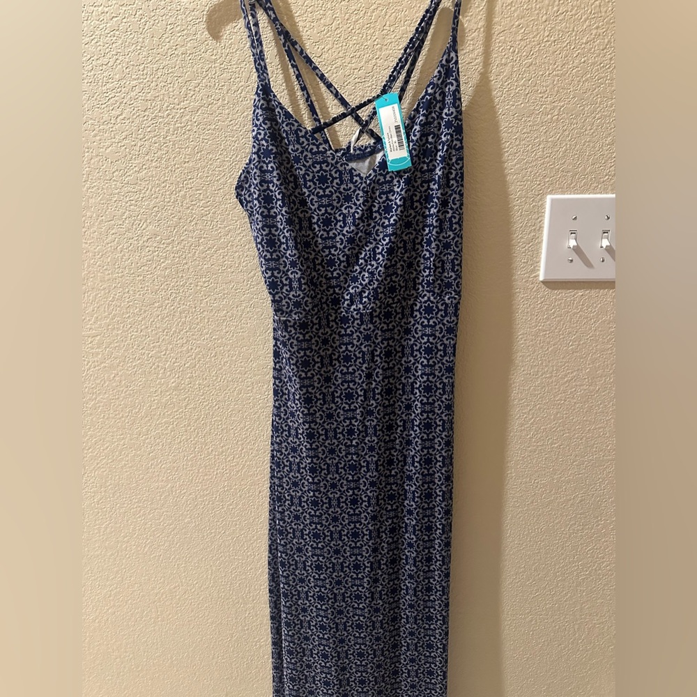 Blue with gray/white print maxi